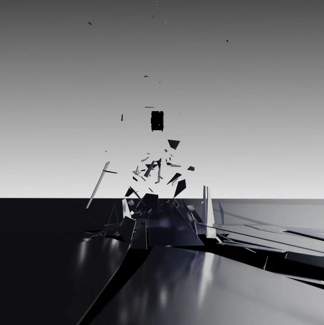 3D simulation of the case shattering into reflective shards mid-impact